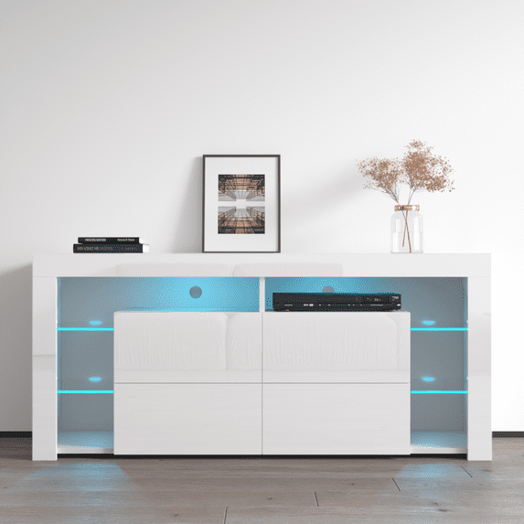 Minelli TV Stand for TVs up to 70", Modern High Gloss 61" Entertainment Center, TV Media Console with Storage Cabinets and LED Lights