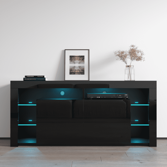 Minelli TV Stand for TVs up to 70", Modern High Gloss 61" Entertainment Center, TV Media Console with Storage Cabinets and LED Lights