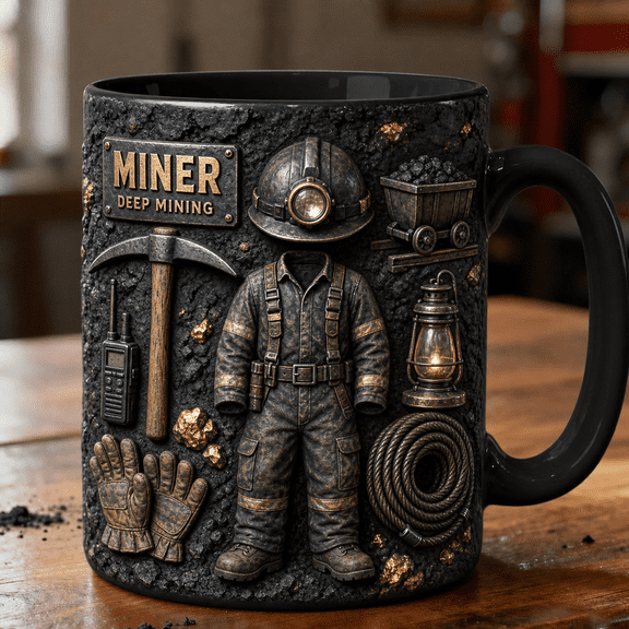 Miner Mug 3D Effect Deep Mining Coffee Cup with Pickaxe Headlamp Coal Cart Design