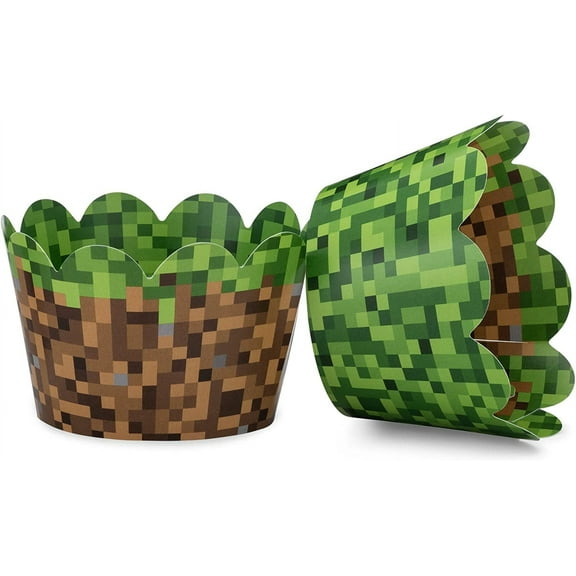 Miner Themed Pixel Grass Cupcake Wrappers - 24 Reversible Wrappers for Boys Birthday Parties, Vintage 8-Bit Party - Green Pixel Grass & Boxes Design - Easy Assembly and Professional Presentation -