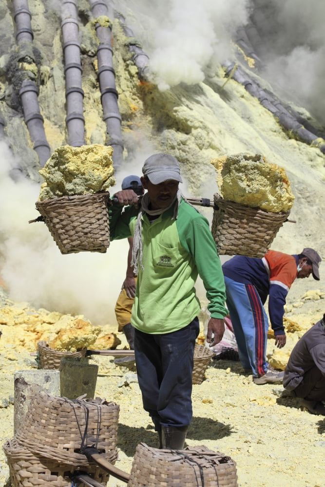 Miner carrying sulphur in baskets Kawah Ijen volcano Java Indonesia Canvas Art - Richard RoscoeStocktrek Images (23 x 35)