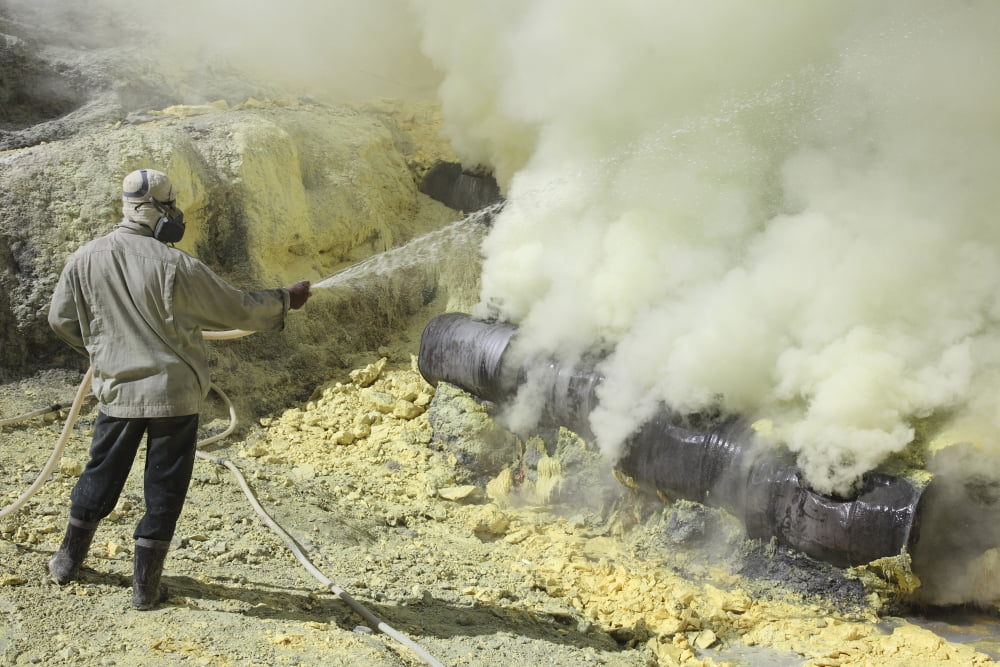 Miner cooling condensation pipes Kawah Ijen volcano Java Indonesia Canvas Art - Richard RoscoeStocktrek Images (18 x 12)