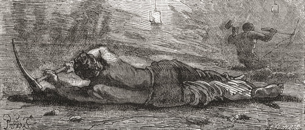 Miner digging at coal mine coalface in the 19th century From The National Encyclopaedia published c1890 Canvas Art - Ken Welsh Design Pics (21 x 9)
