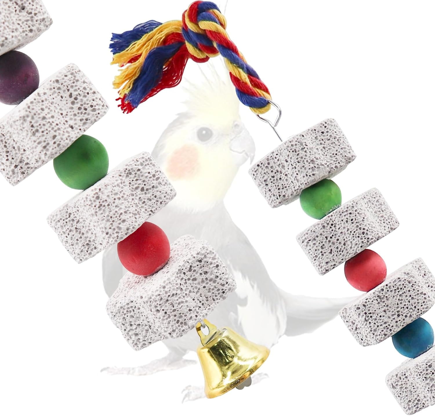 Mineral Block Chew Toys with Colorful Beads and a Bell, Bird Beak Grinding Stone, Cage Accessories for Birds