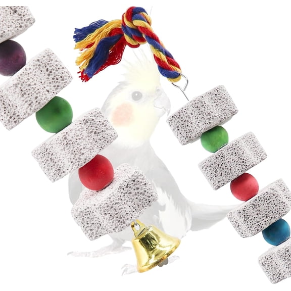Mineral Block Chew Toys with Colorful Beads and a Bell, Bird Beak Grinding Stone, Cage Accessories for Birds