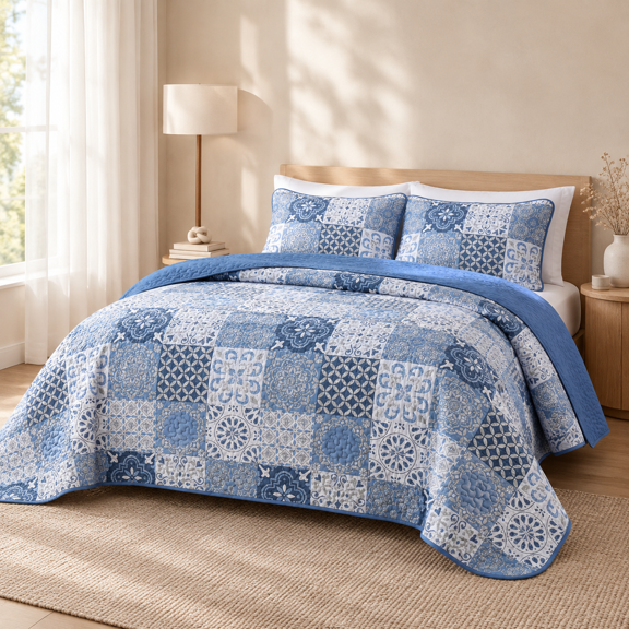Mineral Blue Queen Boho Plaid Patchwork Microfiber Quilt Set