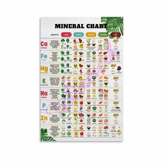 Mineral Chart Cheat Sheet And Supplement Reference Chart, Reference Guide And Dietitian Worksheet Poster Canvas Painting Posters And Prints Wall Art for Living Room Bedroom Decor