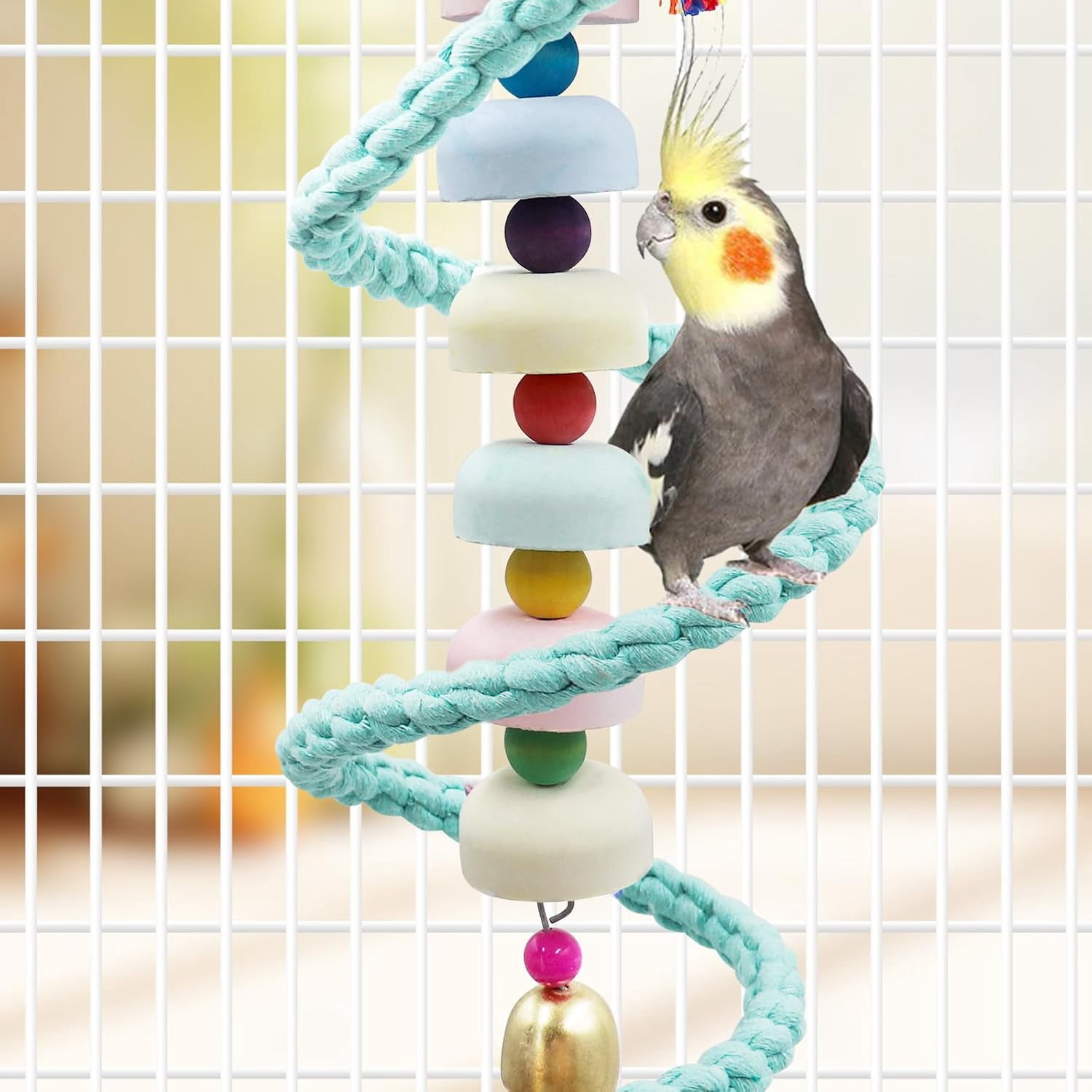 Mineral Chew Toy 2-Pack – Colorful Beaded Bird Toys with Bells | Beak Grinding & Foraging Enrichment for Parrots