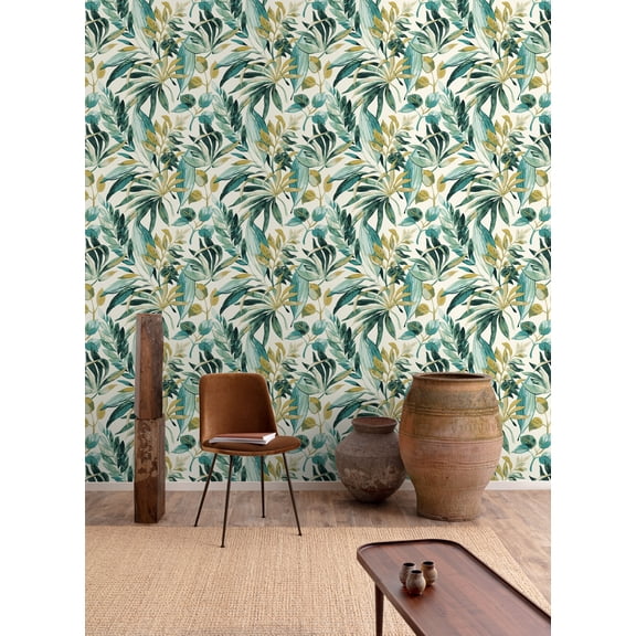 Mineral Green/Ecru Branch/ Leaves Motives Print Non Woven Non-Pasted Textured Wallpaper 57 Sq. Ft.