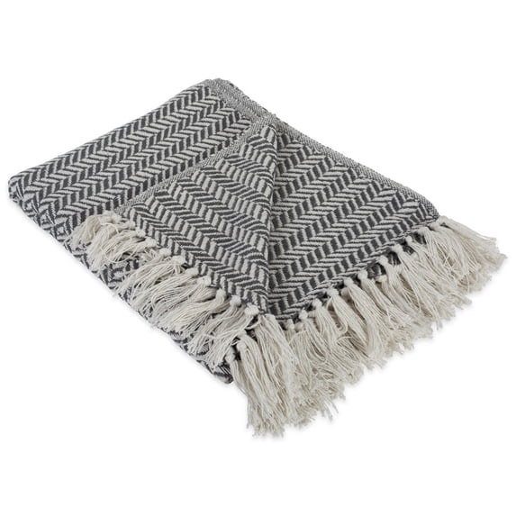 Contemporary Home Living 60" Gray and White Rectangular Herringbone Patterned Cotton Throw