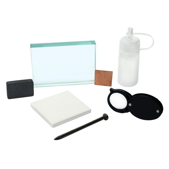 Mineral ID Kit - 7 Pieces - Includes Streak Plate, Glass Plate, Dropper Bottle, Magnet, Nail, Copper Square & Retractable Hand Lens - Great for Geology Classrooms & Basic Field Testing - Eisco Labs