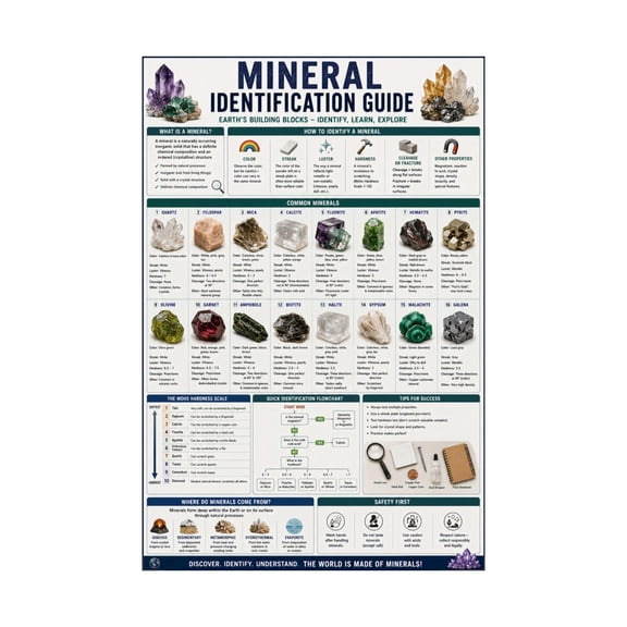 Mineral Identification Guide Rock Gem Chart Educational Poster