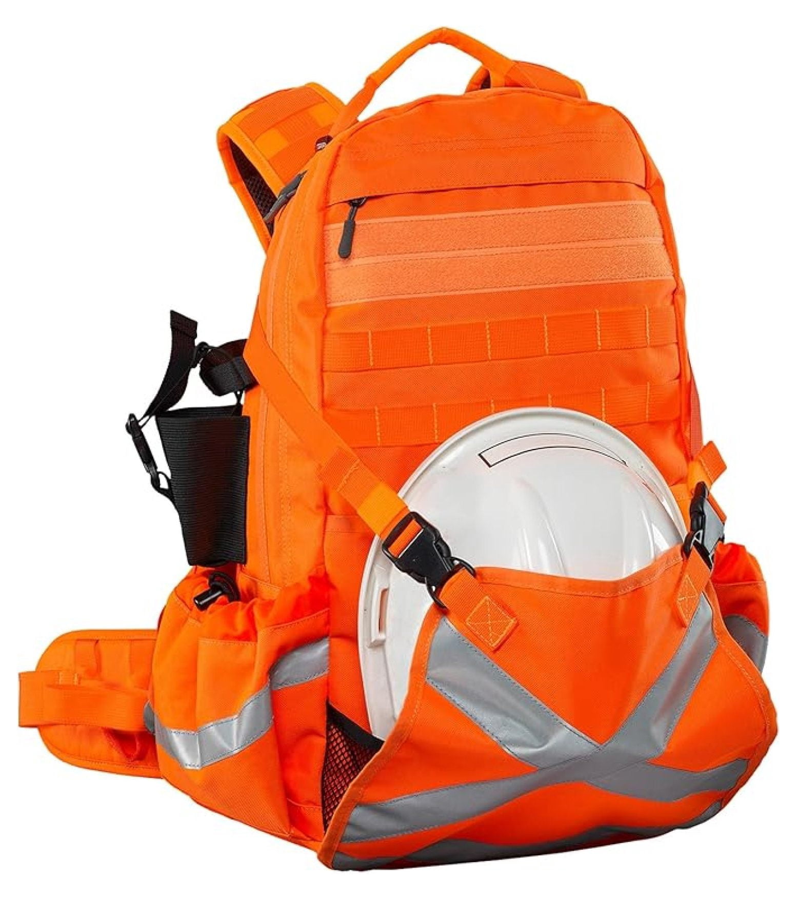 Mineral King Hi Vis Backpack - Orange Reflective Backpack with Adjustable Hard Hat Holder, Bottle Holders and Hydration Resevoir Compartment