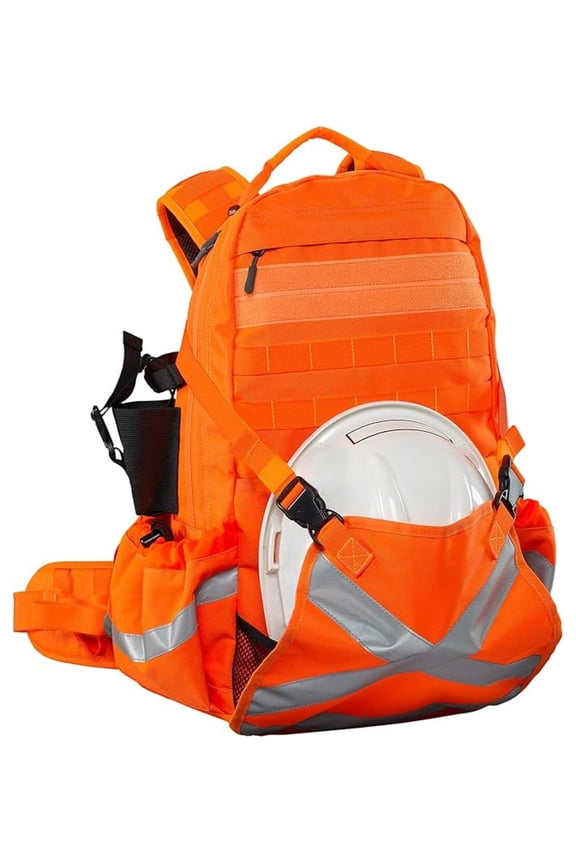 Mineral King Hi Vis Backpack - Orange Reflective Backpack with Adjustable Hard Hat Holder, Bottle Holders and Hydration Resevoir Compartment