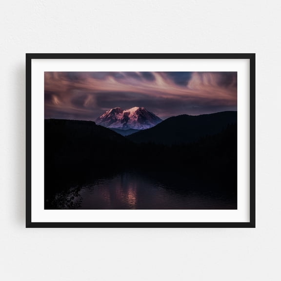Mineral Lake Mt Rainier - Mineral Washington Photography Mountain Nature Landscape Scenic Sunset Night Sky Moody Black Framed Wall Art Print 5 x 7 inches