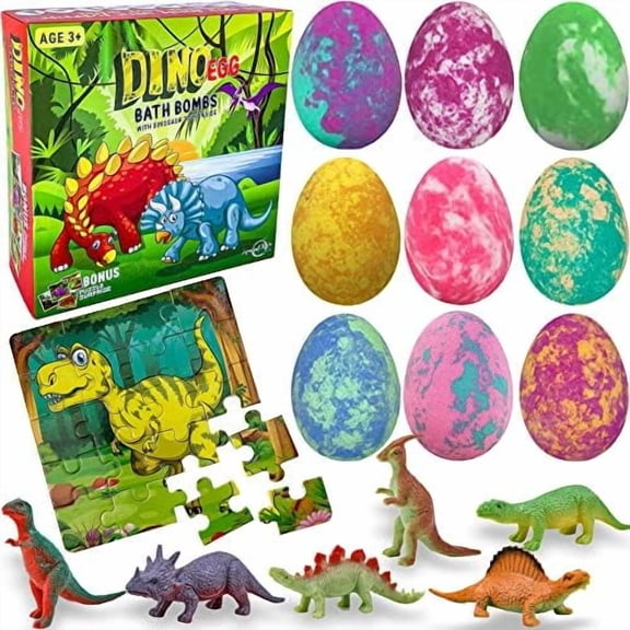 Mineral Me Bath Bombs for Kids with Toys Inside Plus Dinosaur Puzzle - Set of 9 w/ Mild Fruity Scent