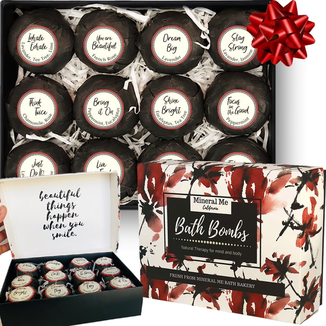Bath Bombs for Women Relaxing with Inspirational Messages, 12 Natural and Organic Bath Bombs with Essential Oils & Skin Moisturizing Shea Butter. Selfcare Gift for Mom, Wife, Girlfriend