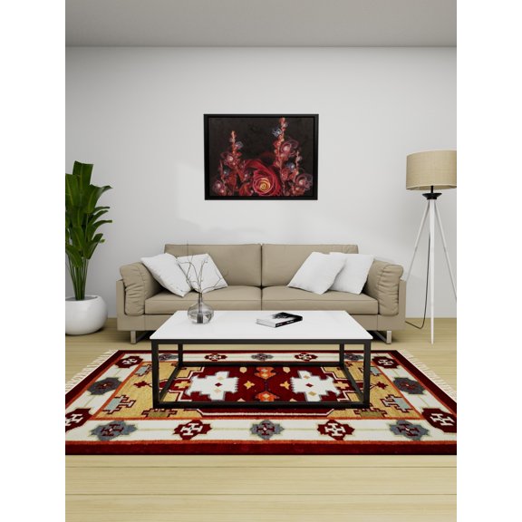 Mineral-Red Handloom Dhurrie from Sitapur with Kilim Weave