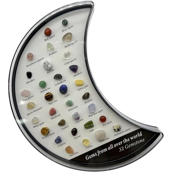 Mineral Specimen Crystal Moon Box Set - 32 Piece Natural Rocks & Crystals Collection in Shadow Box with Educational Info Sheet & Display Case, Educational Gift Set for Boys & Girls(a:1 pc)
