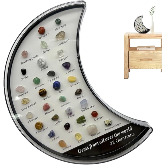 Mineral Specimen Crystal Moon Box Set 32PCS Natural Rocks Collection | Educational Shadow Box Display with Info Sheet & Case, Science Learning Gift for Boys & Girls(RL 1 Set)