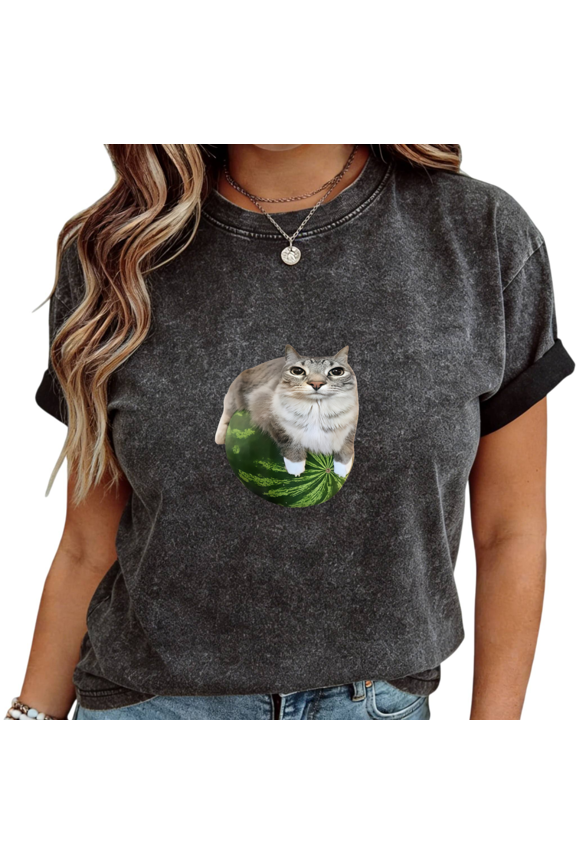 Mineral Wash Black Cat on Watermelon Print T-Shirt Women's Casual Loose Fit Funny Pet Aesthetic Short Sleeve Tops S-2XL