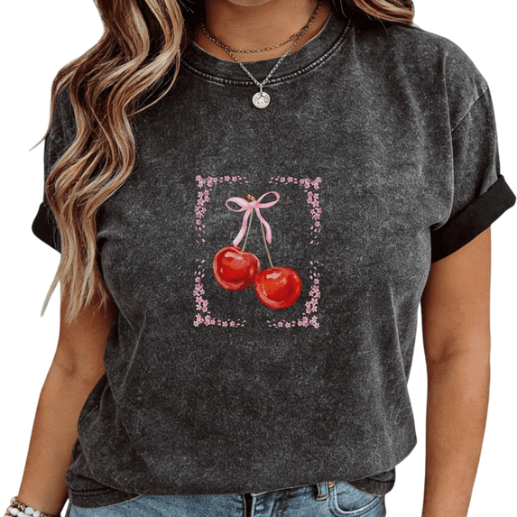 Mineral Wash Black Cherry Bow Floral Frame Print T-Shirt Women's Casual Loose Fit Coquette Aesthetic Short Sleeve Tops S-2XL