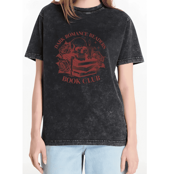 Mineral Wash Black Dark Romance Readers Book Club Skull Rose Candle Gothic Print Tshirt Graphic Tees Shirts Tops S-5XL