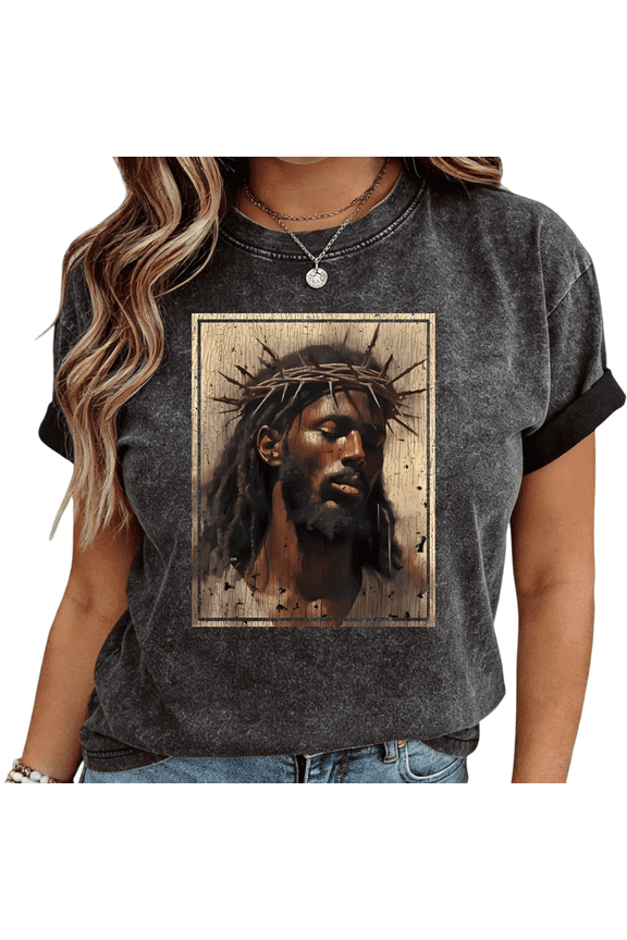 Mineral Wash Black Dreadlock Jesus Crown of Thorns Graphic T-Shirt Women's Casual Loose Fit Christian Faith Aesthetic Short Sleeve Tops S-2XL