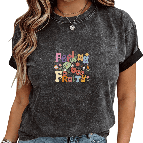 Mineral Wash Black "Feeling Fruity" Strawberry Floral Print T-Shirt Women's Casual Loose Fit Cute Fruit Aesthetic Short Sleeve Tops S-2XL