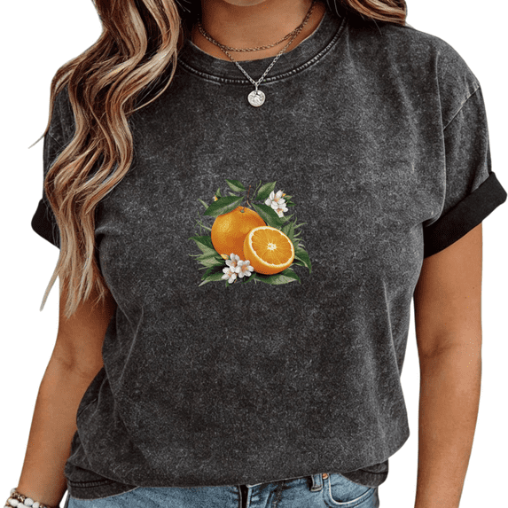 Mineral Wash Black Orange Floral Cluster Print T-Shirt Women's Casual Loose Fit Cute Fruit Aesthetic Short Sleeve Tops S-2XL