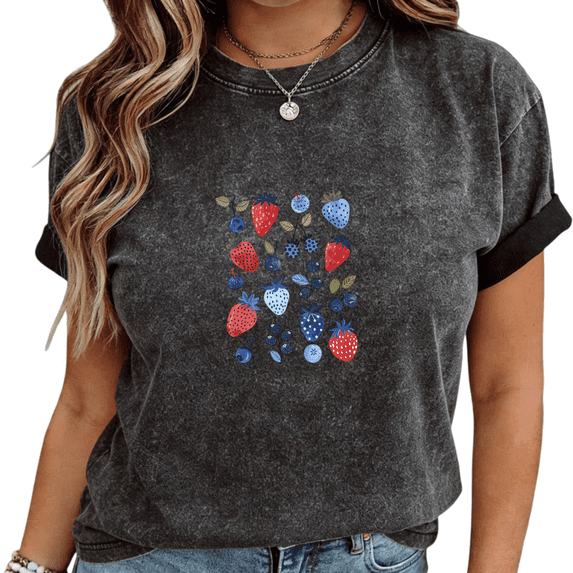 Mineral Wash Black Red & Blue Berry Allover Print T-Shirt Women's Casual Loose Fit Summer Fruit Aesthetic Short Sleeve Tops S-2XL