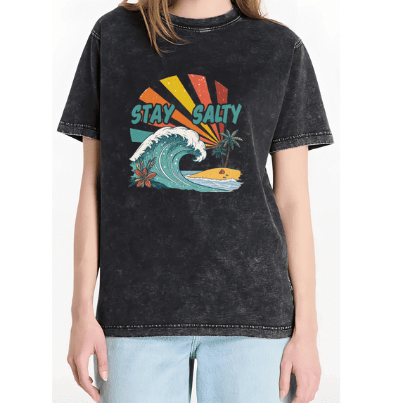 Mineral Wash Black Stay Salty Retro Surf Wave Palm Tree Island Floral Beach Summer Print Tshirt Graphic Tees Shirts Tops S-5XL