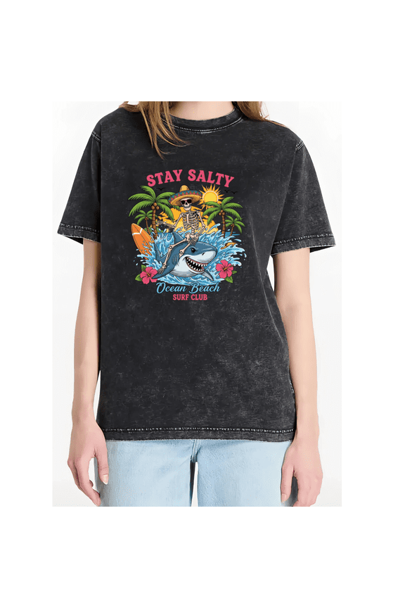 Mineral Wash Black Stay Salty Skeleton Riding Shark Ocean Beach Surf Club Floral Palm Tree Gothic Print Tshirt Graphic Tees Shirts Tops S-5XL
