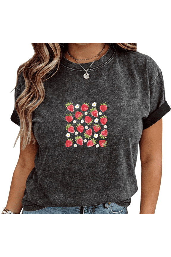 Mineral Wash Black Strawberry Daisy Allover Print T-Shirt Women's Casual Loose Fit Cute Fruit Aesthetic Short Sleeve Tops S-2XL