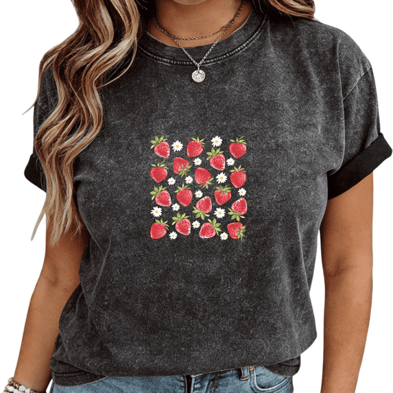 Mineral Wash Black Strawberry Daisy Allover Print T-Shirt Women's Casual Loose Fit Cute Fruit Aesthetic Short Sleeve Tops S-2XL