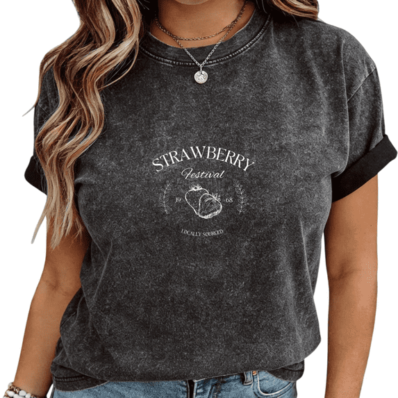 Mineral Wash Black Strawberry Festival White Print T-Shirt Women's Casual Loose Fit Retro Farmhouse Aesthetic Short Sleeve Tops S-2XL