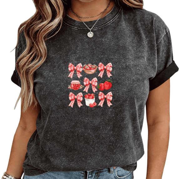 Mineral Wash Black Strawberry Gingham Bow Print T-Shirt Women's Casual Loose Fit Cottagecore Aesthetic Short Sleeve Tops S-2XL