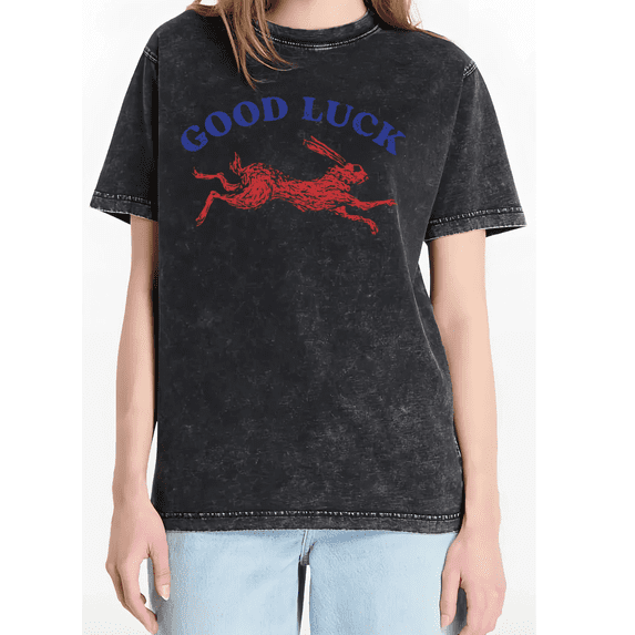 Mineral Wash Good Luck Red Rabbit Vintage Retro Lucky Rabbit Illustration Casual Graphic T-Shirt Tops S-2XL