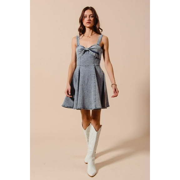 Mineral Washed Bow Ribbon Denim Flare Dress