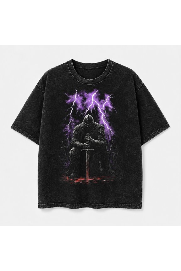 Mineral Washed Graphic T-Shirt, Dark Knight Lightning Tee, Unisex Classic Fit