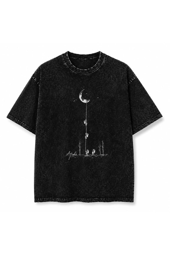 Mineral Washed Graphic Tee – Moon Climbers Line Art | Unisex Heavyweight Cotton T-Shirt S–5XL