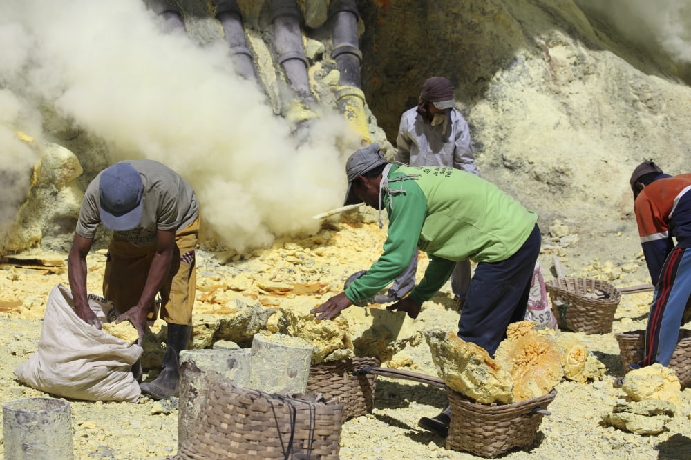 Miners collecting lumps of sulphur Kawah Ijen volcano Java Indonesia Canvas Art - Richard RoscoeStocktrek Images (35 x 23)