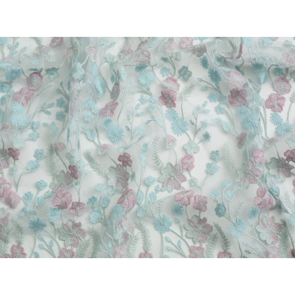 Minerva Anna Embroidered Lace Fabric Blue & Pink - per yard