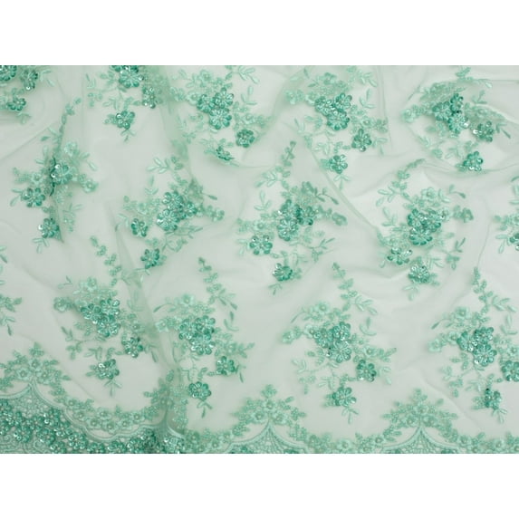 Minerva Beaded Embroidered Tulle Lace Fabric Turquoise - per yard