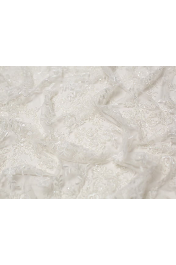 Hannah Beaded Lace Fabric, Ivory Floral Print for Bridal & Dressmaking, 54" Wide, By the Yard