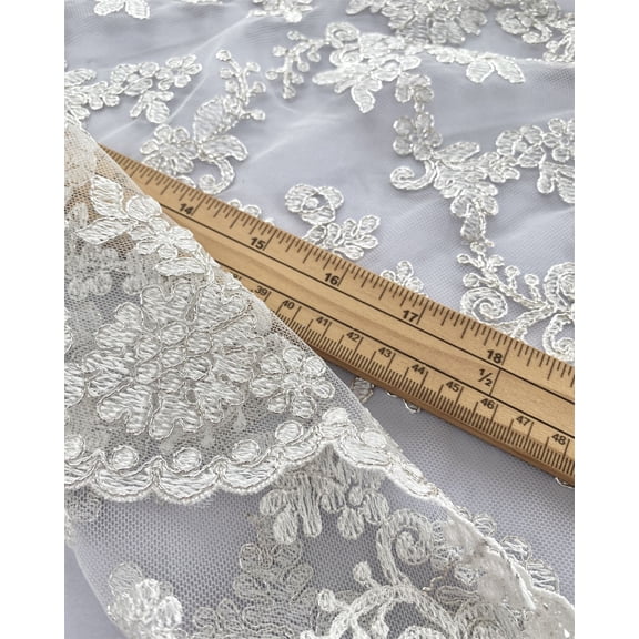 Patricia Lurex Lace Fabric, Silver Floral Print for Bridal & Dressmaking, 52" Wide, By the Yard