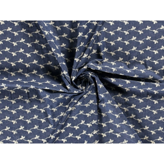 Minerva Embroidered Cotton Denim Fabric Blue - per yard