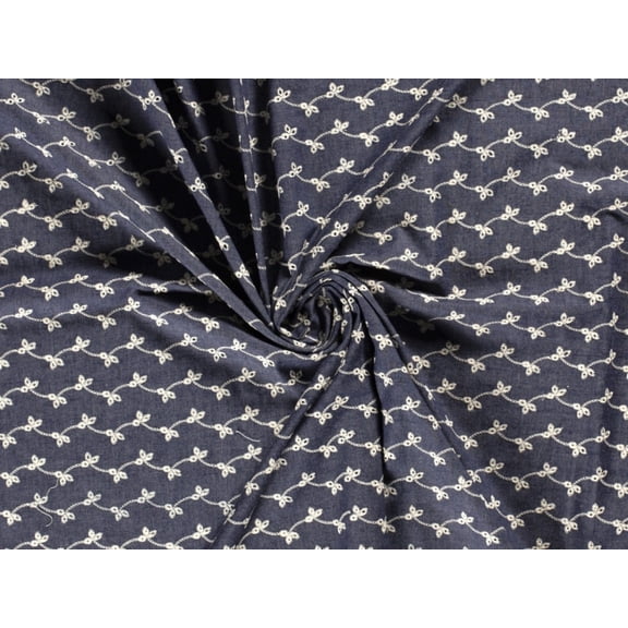 Minerva Embroidered Cotton Denim Fabric Navy - per yard
