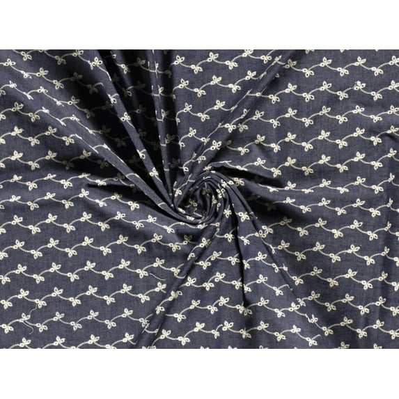 Minerva Embroidered Cotton Denim Fabric Navy - per yard