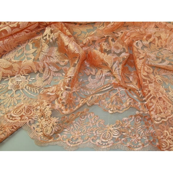 Minerva Embroidered Lace Fabric Peach - per yard